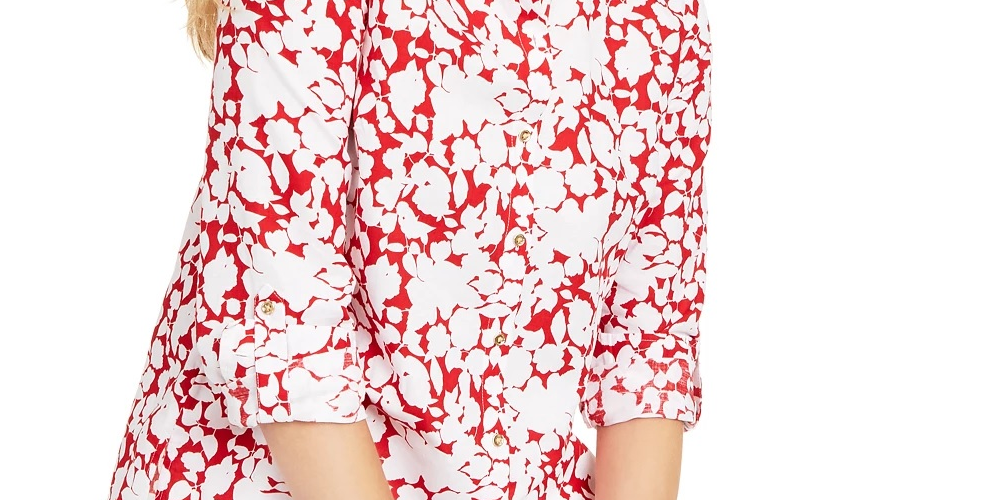 Blusa feminina Charter Club estampada com mangas enroladas em mistura de linho, vermelha, tamanho médio