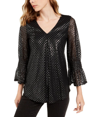 Blusa feminina Alfani com estampa metálica e manga franzida, preta, tamanho extragrande