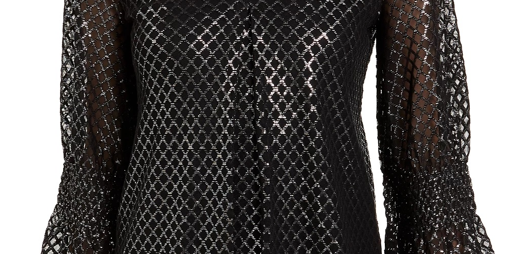 Blusa feminina Alfani com estampa metálica e manga franzida, preta, tamanho extragrande