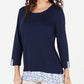 Blusa feminina Karen Scott com bainha estampada e manga 3/4, azul, tamanho pequeno
