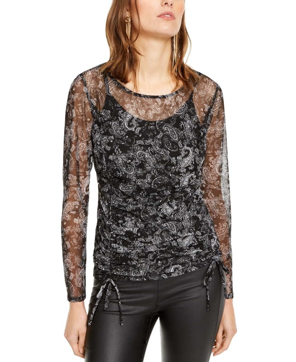 Blusa feminina justa com estampa paisley e manga comprida, gola alta, preta, tamanho extrapequeno, da INC International Concepts