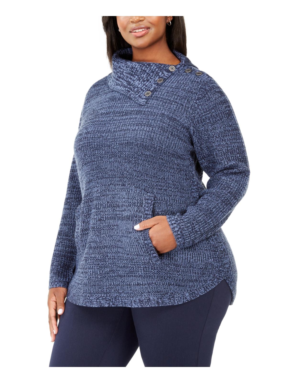 Suéter feminino estilo canguru plus size com acabamento em botões e bolso canguru, azul, tamanho 0X