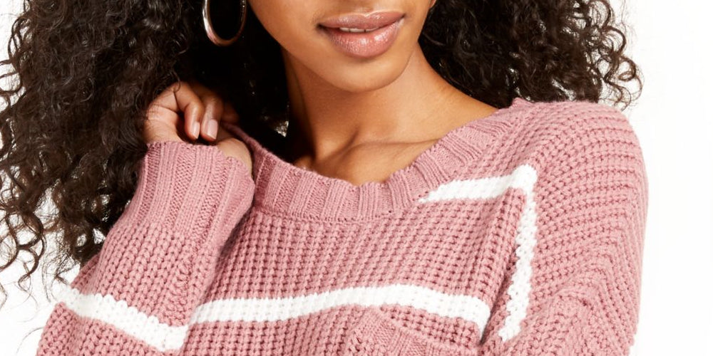 Suéter feminino listrado de manga comprida e gola redonda, tamanho médio, rosa, Hippie Rose
