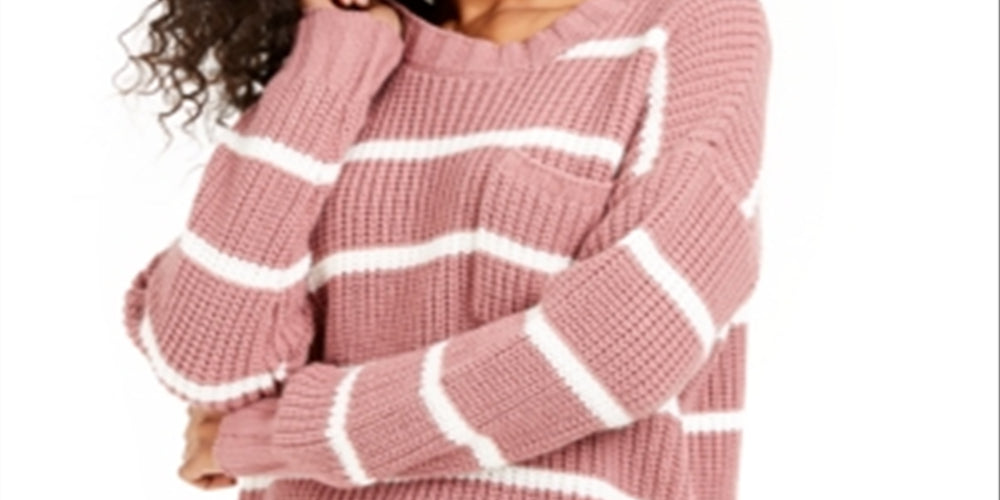 Suéter feminino listrado de manga comprida e gola redonda, tamanho médio, rosa, Hippie Rose