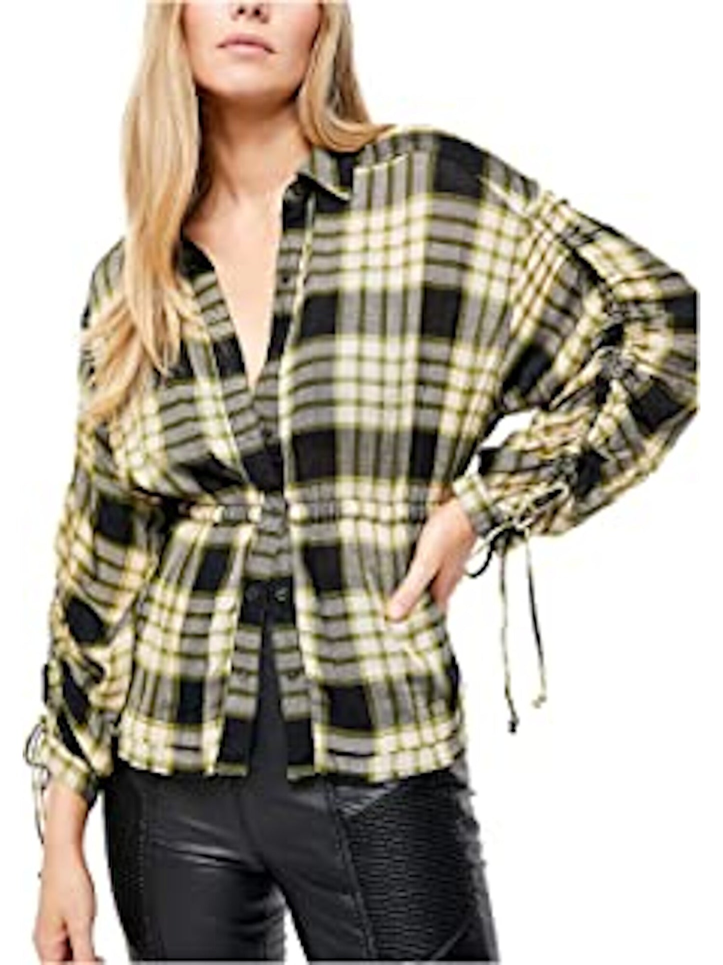 Blusa feminina Free People com botões frontais, xadrez, manga comprida, gola, preta, tamanho grande