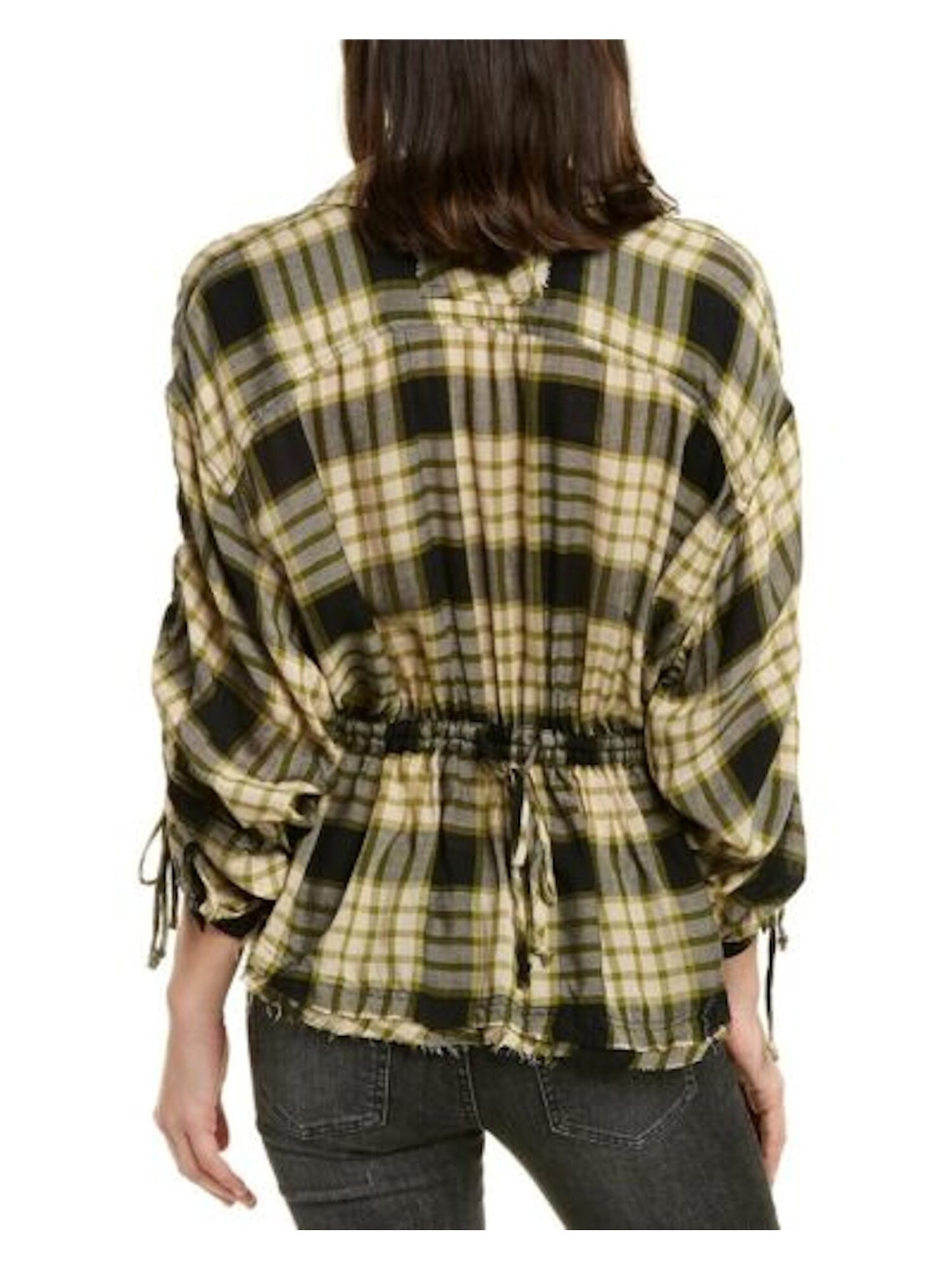 Blusa feminina Free People com botões frontais, xadrez, manga comprida, gola, preta, tamanho grande