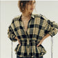 Blusa feminina Free People com botões frontais, xadrez, manga comprida, gola, preta, tamanho grande