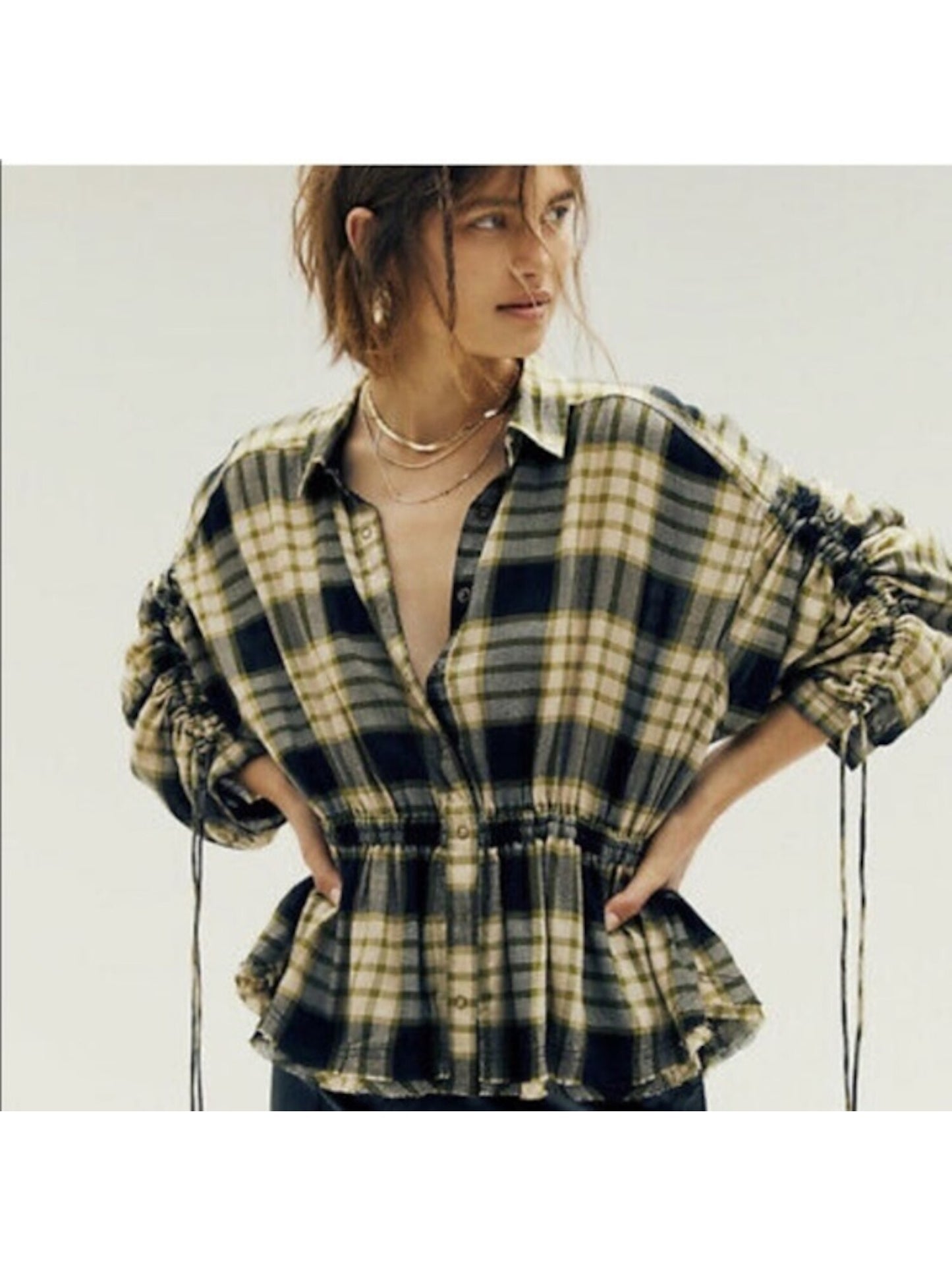 Blusa feminina Free People com botões frontais, xadrez, manga comprida, gola, preta, tamanho grande