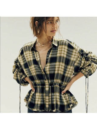 Blusa feminina Free People com botões frontais, xadrez, manga comprida, gola, preta, tamanho grande