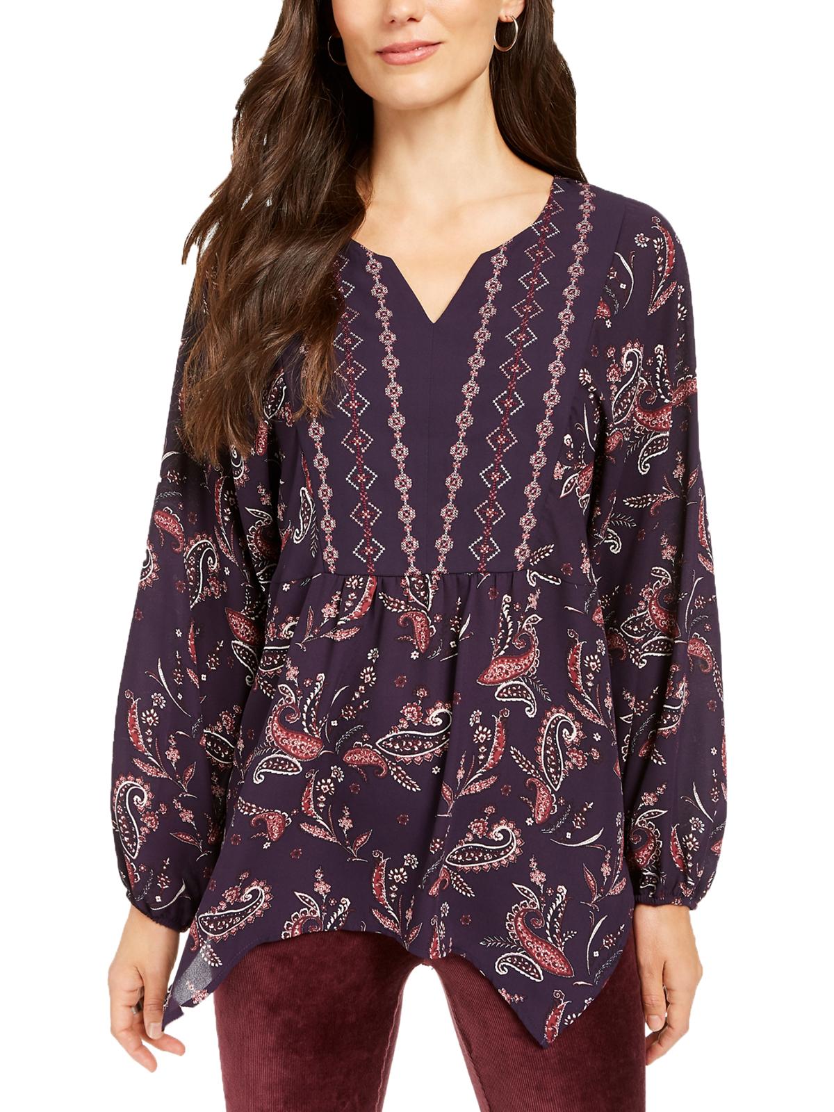 Top feminino estilo &amp; co com estampa de lenço e bainha estilo camponês estampado em paisley e uva, tamanho pequeno