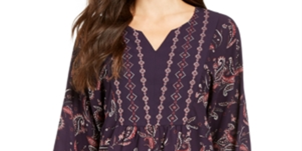 Top feminino estilo &amp; co com estampa de lenço e bainha estilo camponês estampado em paisley e uva, tamanho pequeno