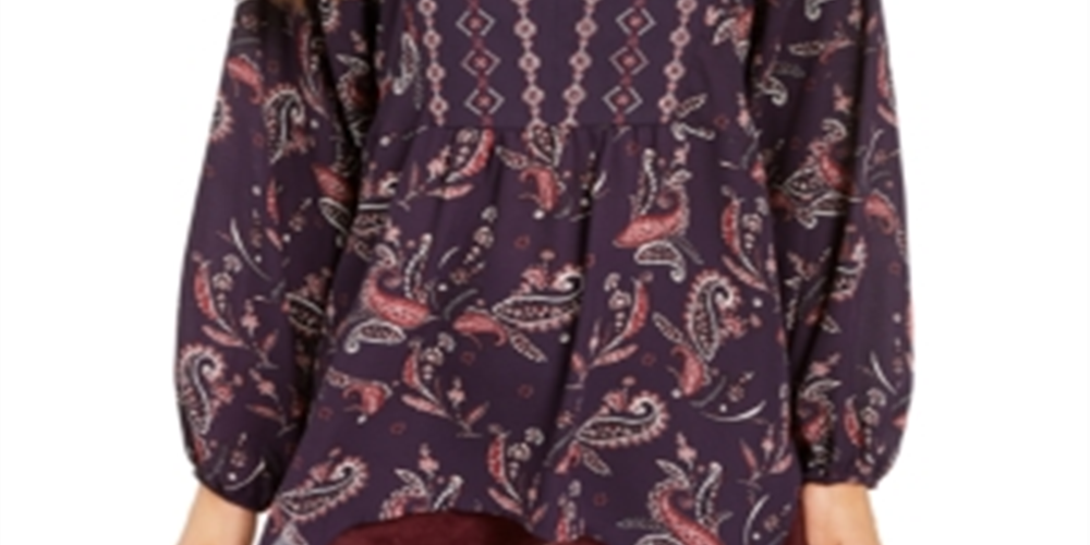 Top feminino estilo &amp; co com estampa de lenço e bainha estilo camponês estampado em paisley e uva, tamanho pequeno