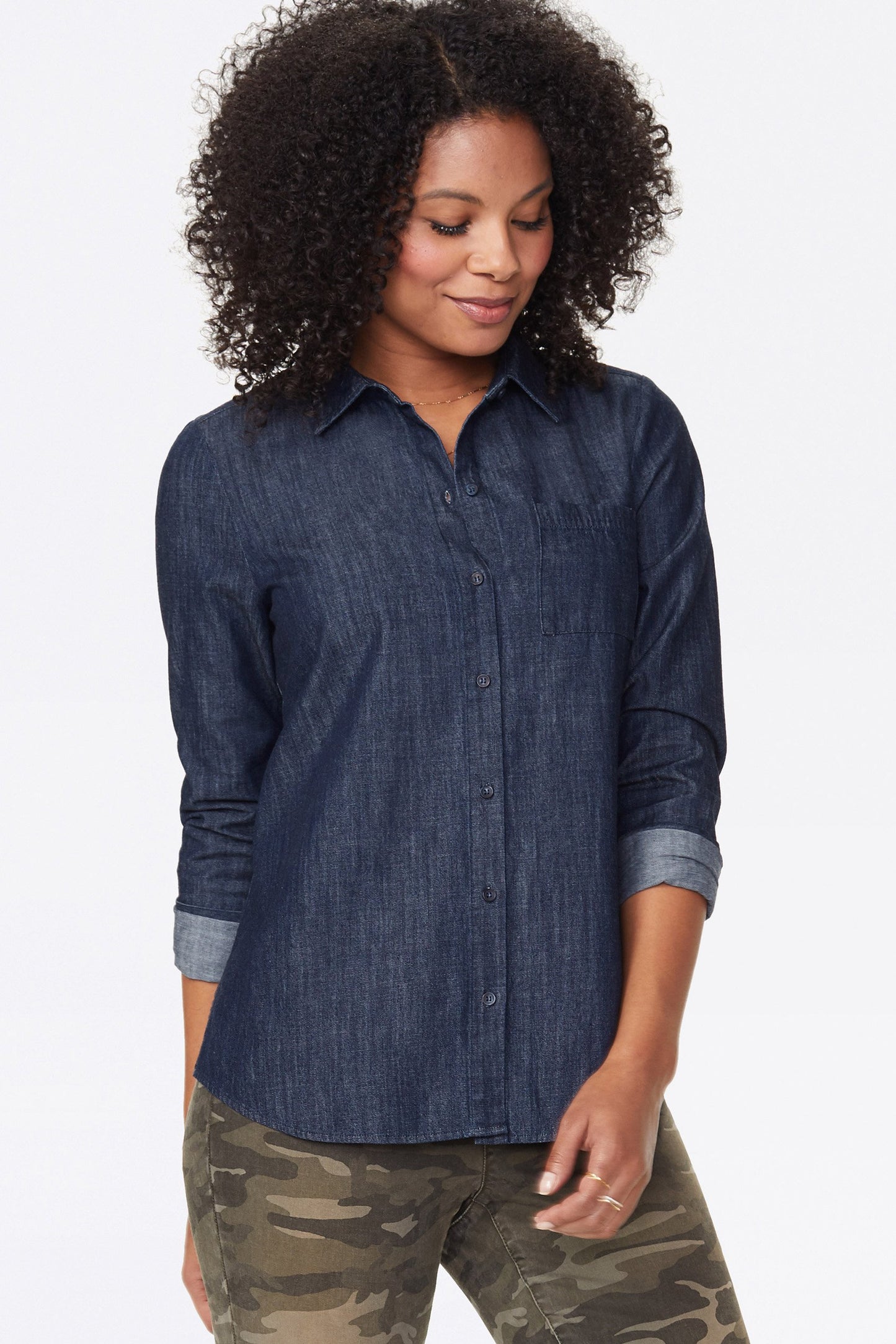 Camisa feminina NYDJ Chambray a Line City Azul Tamanho M