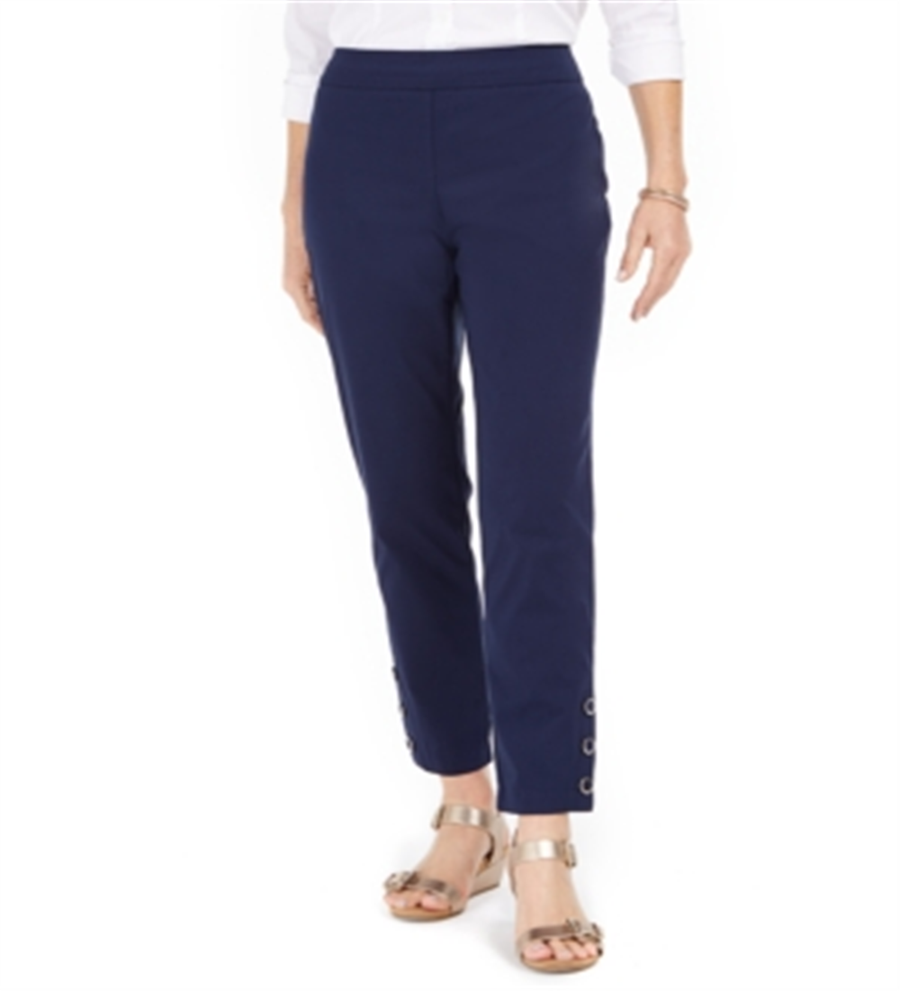 Calça feminina com controle de barriga e bainha de pressão JM Collection, azul, tamanho pequeno P