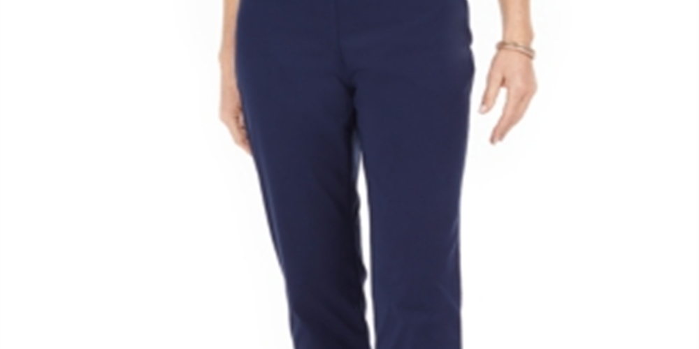 Calça feminina com controle de barriga e bainha de pressão JM Collection, azul, tamanho pequeno P