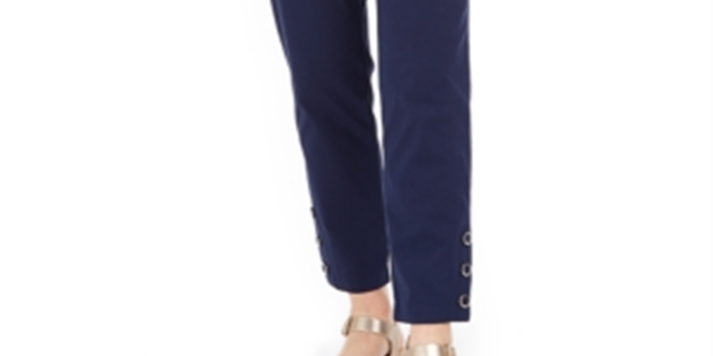 Calça feminina com controle de barriga e bainha de pressão JM Collection, azul, tamanho pequeno P