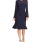 Vestido de festa feminino Ralph Lauren, manga longa, comprimento até o joelho, azul, tamanho 10