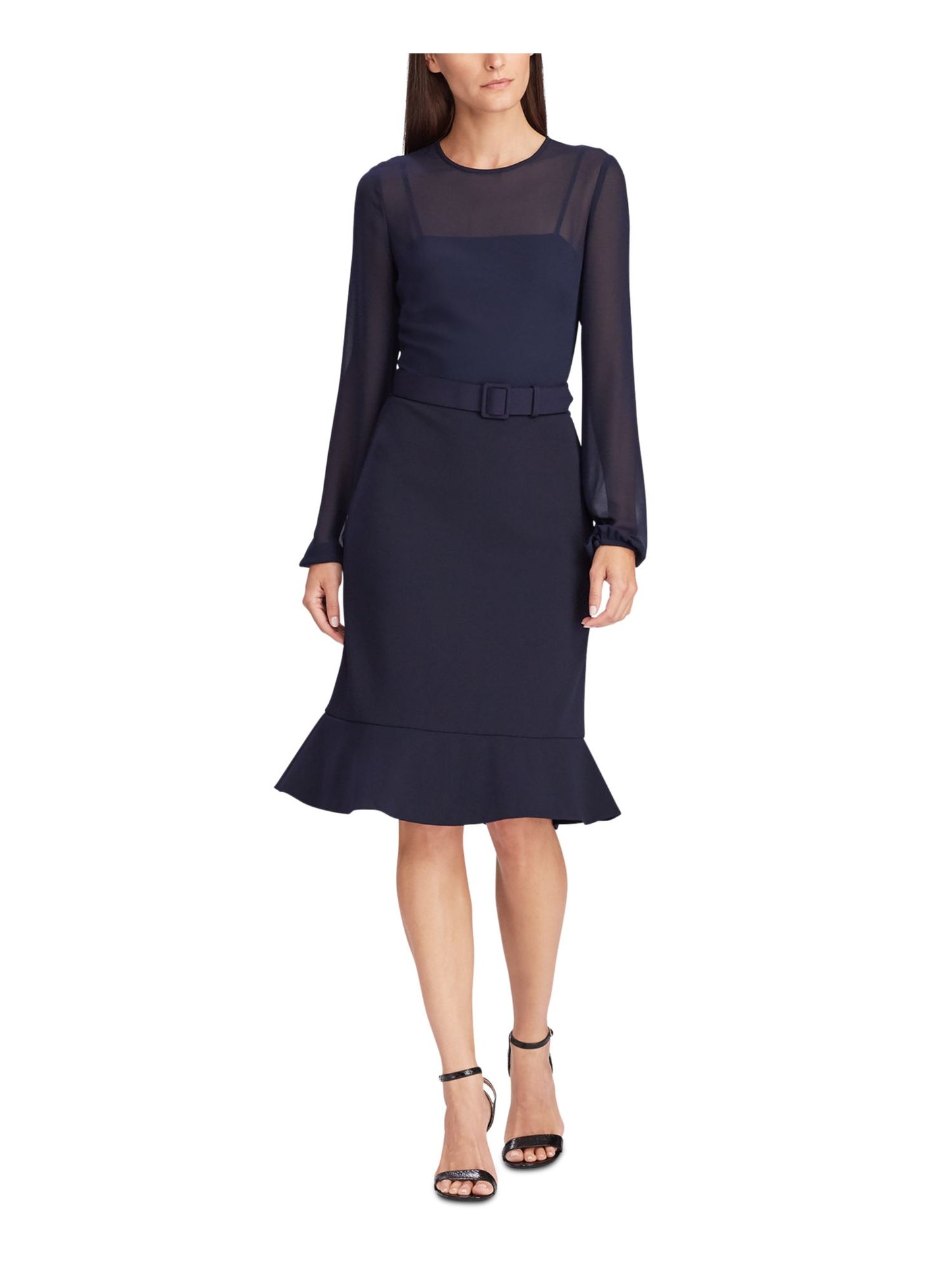 Vestido de festa feminino Ralph Lauren, manga longa, comprimento até o joelho, azul, tamanho 10