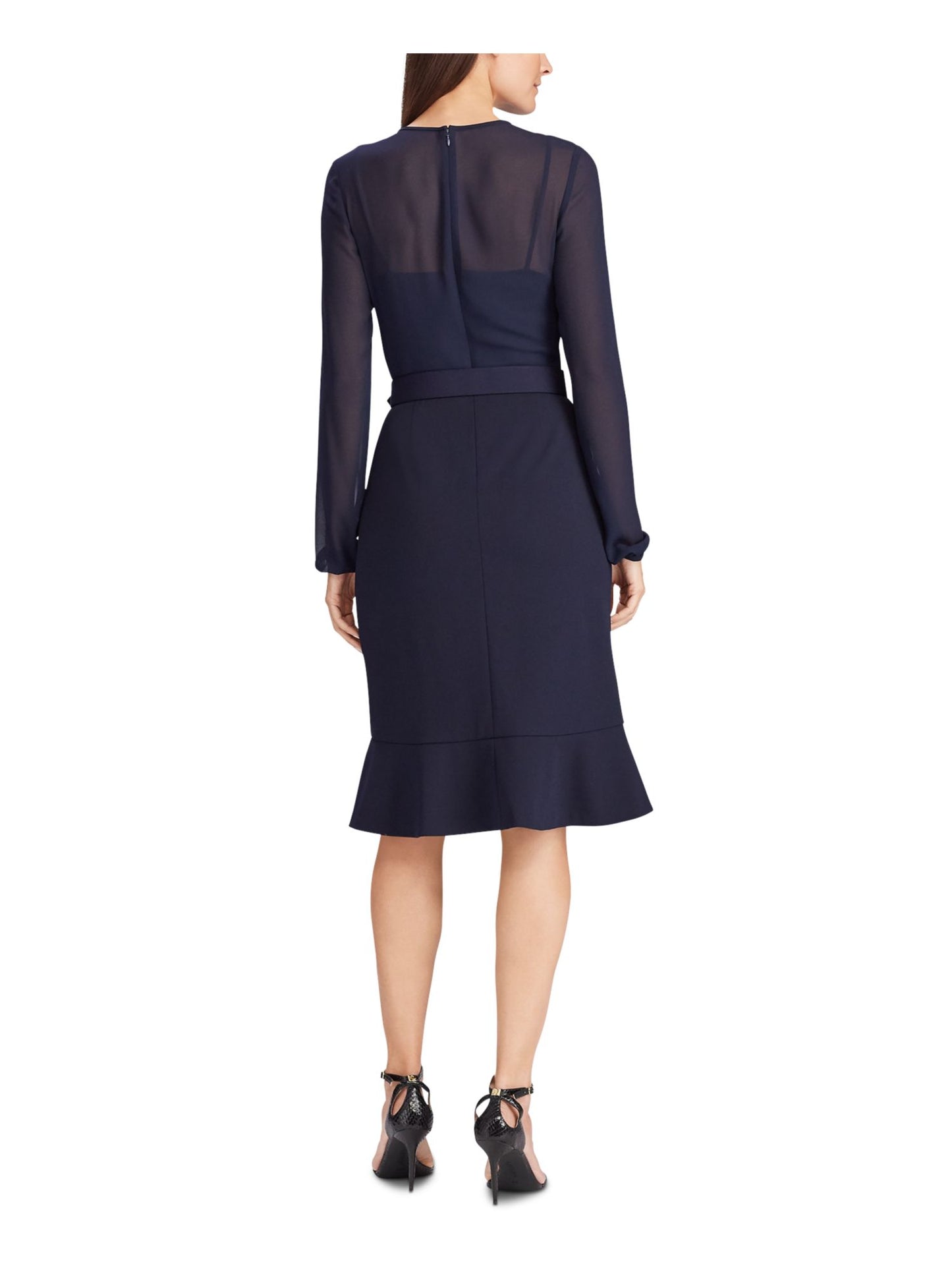 Vestido de festa feminino Ralph Lauren, manga longa, comprimento até o joelho, azul, tamanho 10