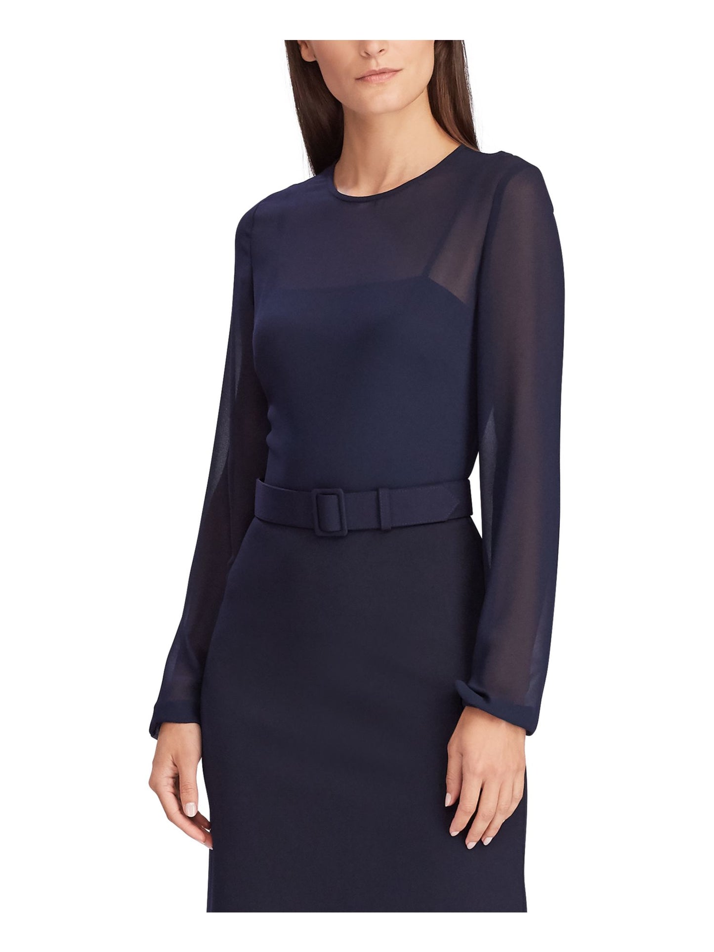 Vestido de festa feminino Ralph Lauren, manga longa, comprimento até o joelho, azul, tamanho 10