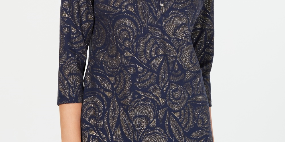 Blusa feminina Karen Scott com estampa de folhas e manga 3/4, azul marinho, tamanho pequeno médio