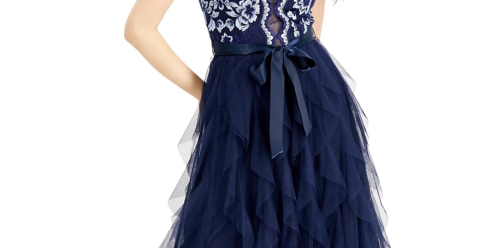 Vestido formal feminino Teeze Me, azul marinho, com babados, texturizado, floral, sem mangas, frente única, comprimento total, em camadas, tamanho 5
