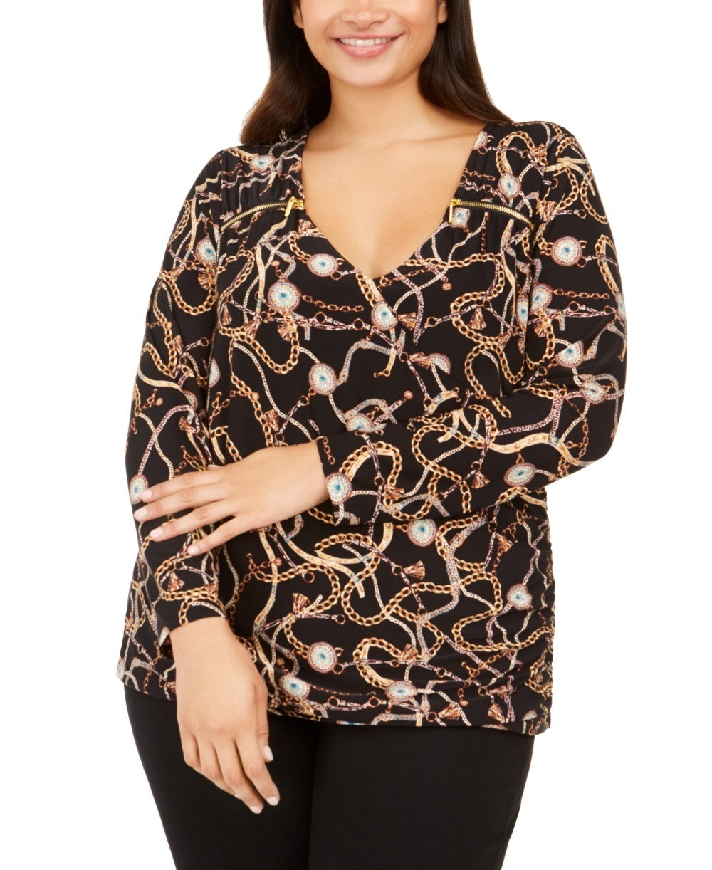 Blusa feminina com sobrepeliz e zíper estampado plus size, preta, tamanho 2X, da INC International Concepts