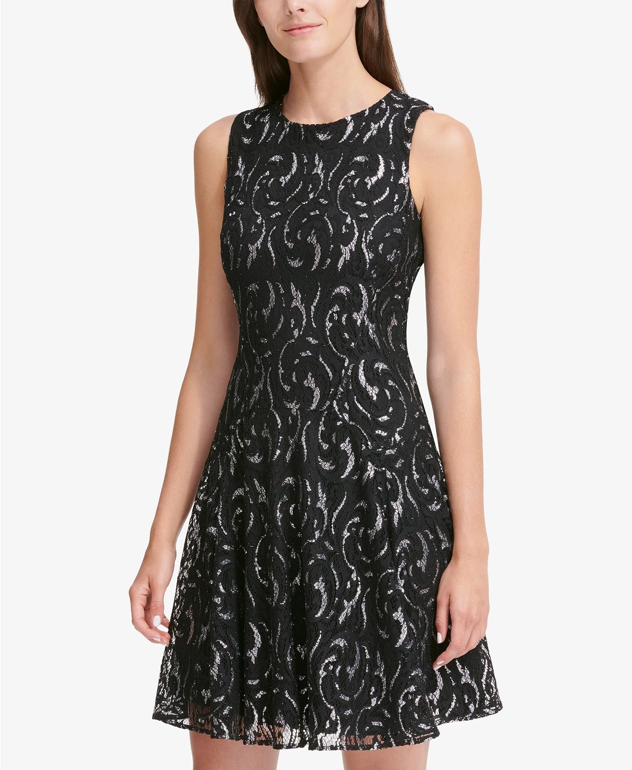 Vestido de festa curto Tommy Hilfiger feminino, preto, estampado, sem mangas, gola redonda, tamanho 14, prateado