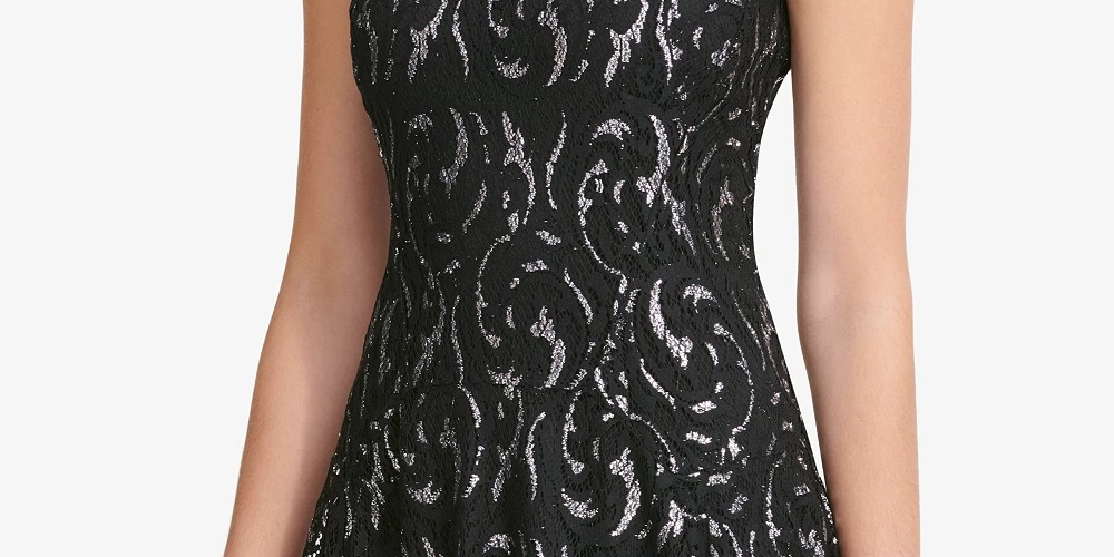 Vestido de festa curto Tommy Hilfiger feminino, preto, estampado, sem mangas, gola redonda, tamanho 14, prateado