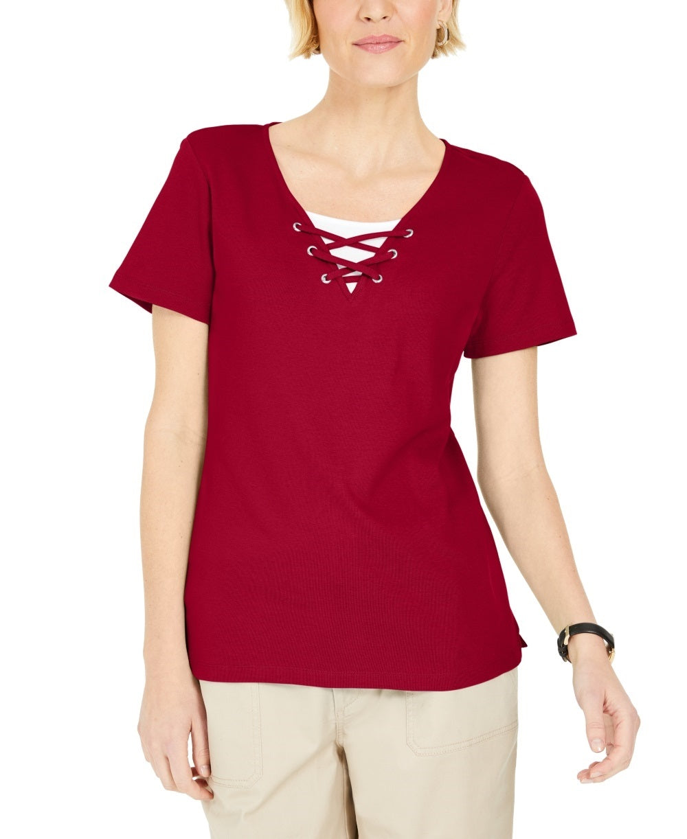 Karen Scott Top Feminino com Cadarço e Camadas Vermelho Brilhante Tamanho Grande