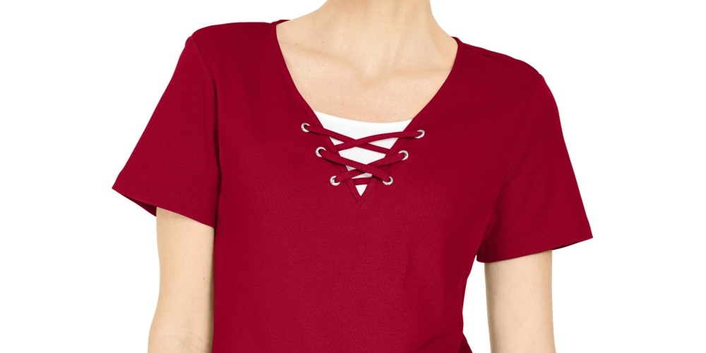 Karen Scott Top Feminino com Cadarço e Camadas Vermelho Brilhante Tamanho Grande
