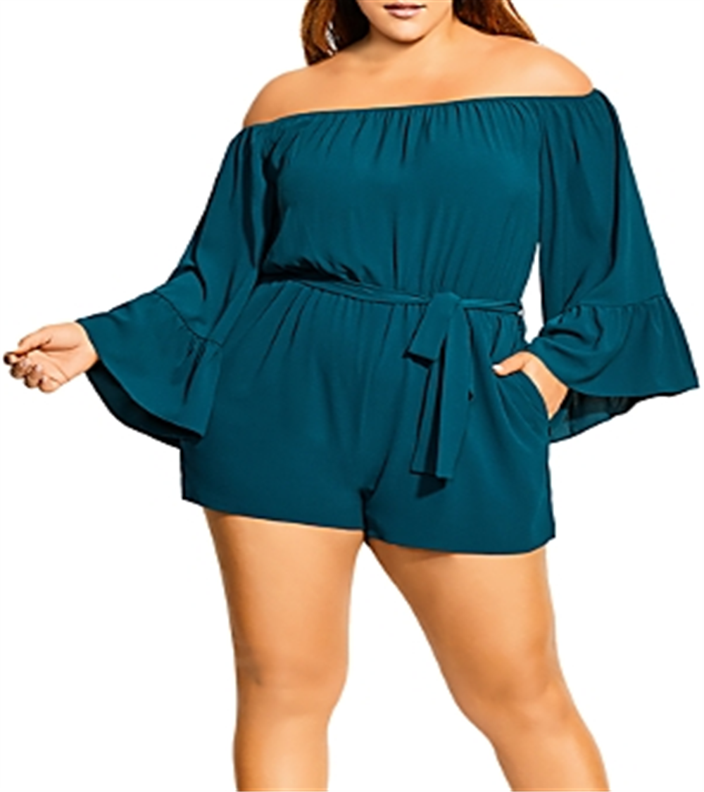 Macacão feminino City Chic Plus com ombros de fora e mangas sino, verde, tamanho XS