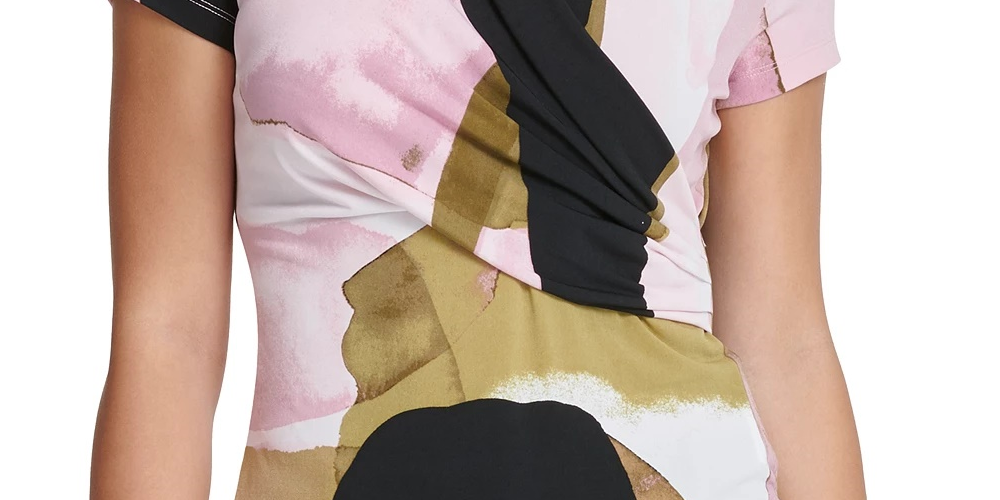 Blusa feminina DKNY com estampa de sobrepeliz e gola alta, rosa brilhante, tamanho grande