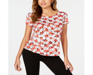 Camiseta feminina Alfani estampada com bainha redonda, vermelha, tamanho pequeno G