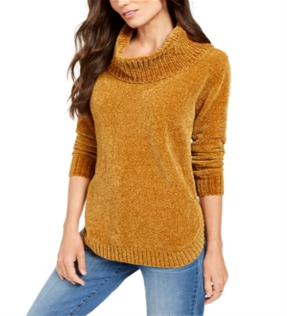 Suéter feminino de gola alta com fios metálicos, tamanho pequeno e amarelo, estilo &amp; co