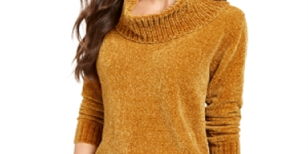 Suéter feminino de gola alta com fios metálicos, tamanho pequeno e amarelo, estilo &amp; co