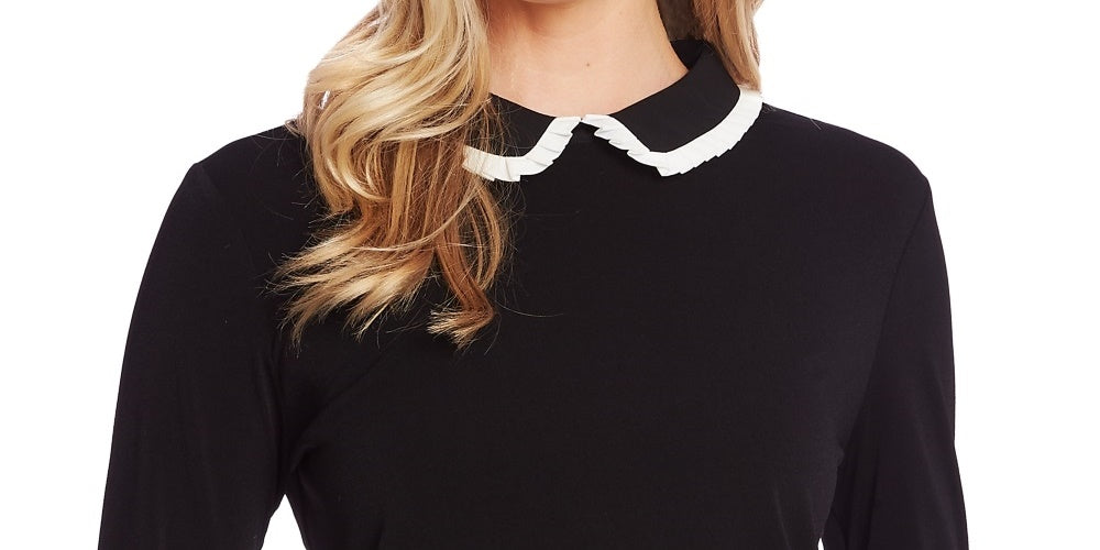 Top feminino CeCe com gola plissada e manga comprida, preto, tamanho pequeno médio