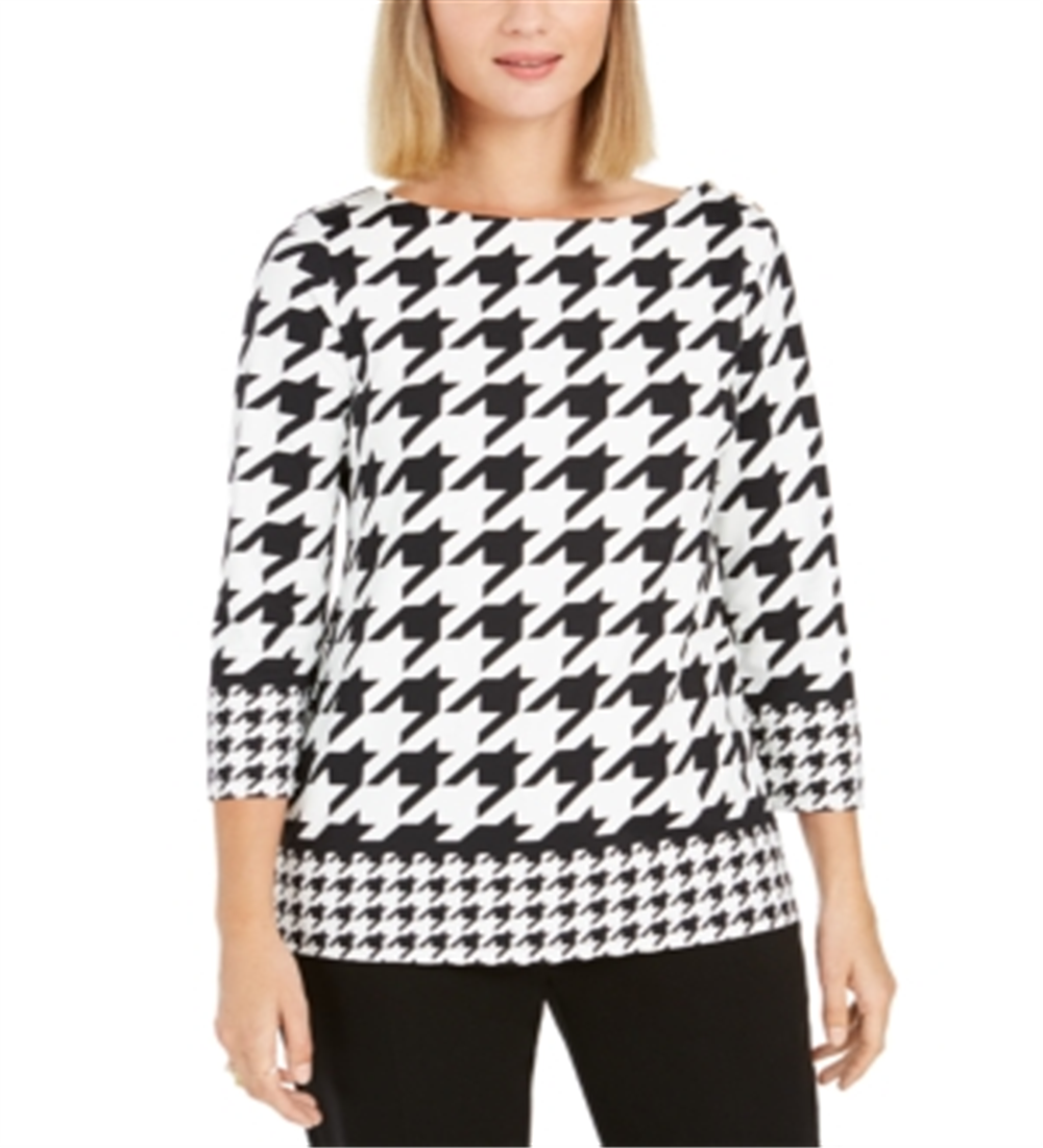 Blusa feminina Charter Club com botões e estampa pied-de-poule, preta e branca, tamanho pequeno G