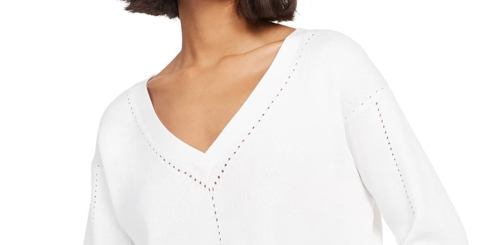 Suéter curto com decote em V Leona Pointelle feminino French Connection, branco, tamanho grande