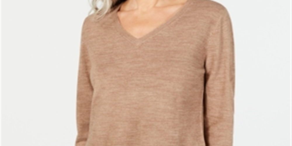 Camiseta feminina Karen Scott, manga comprida, gola V, marrom, tamanho pequeno