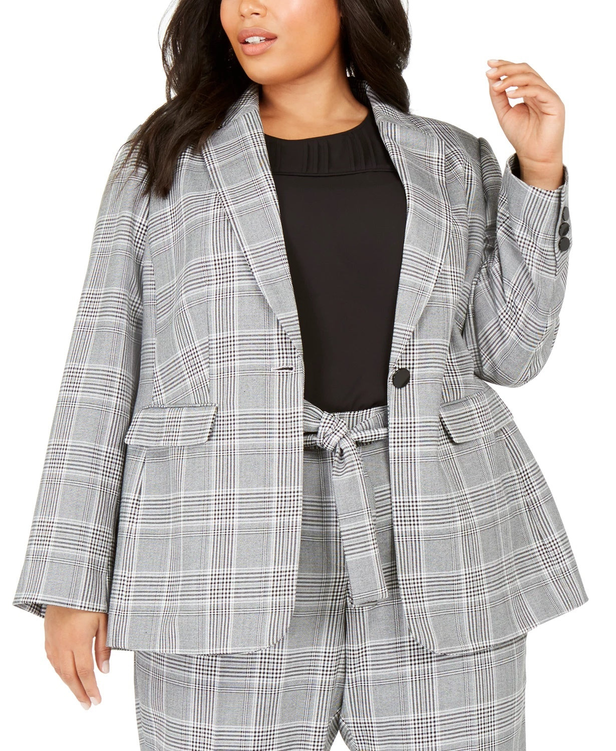 Terno xadrez cinza feminino Calvin Klein para usar no trabalho, jaqueta prateada, tamanho 14W