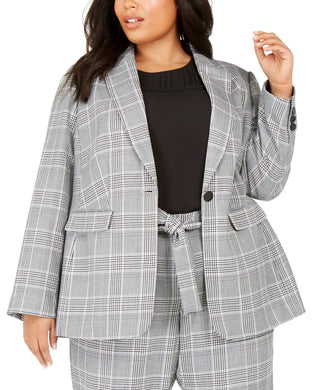 Terno xadrez cinza feminino Calvin Klein para usar no trabalho, jaqueta prateada, tamanho 14W