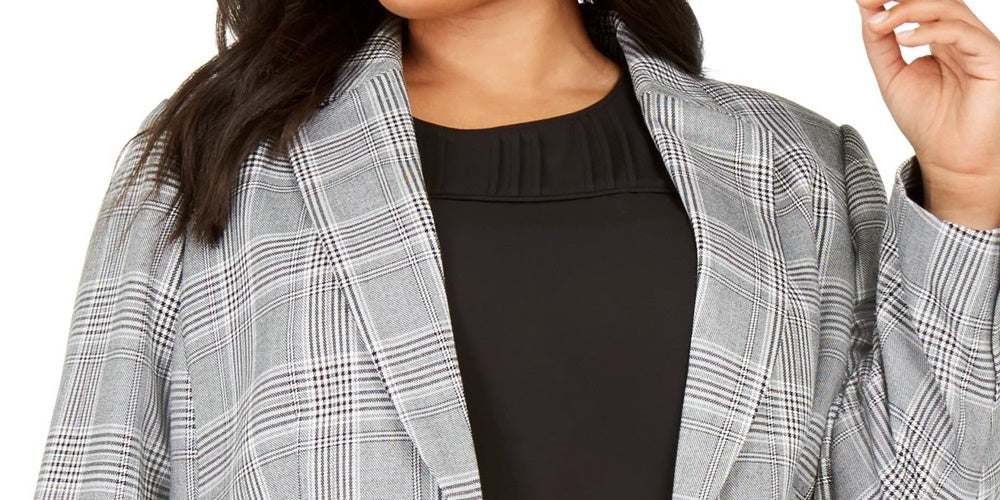 Terno xadrez cinza feminino Calvin Klein para usar no trabalho, jaqueta prateada, tamanho 14W