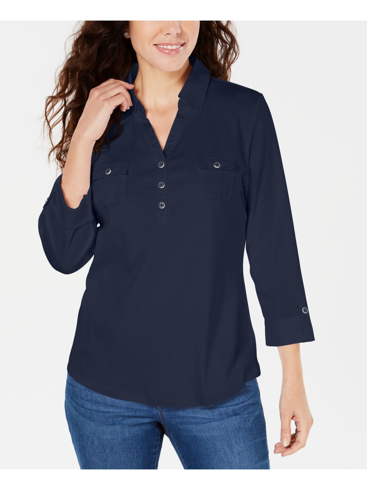 Camisa polo feminina Karen Scott manga 3/4 azul tamanho pequeno G