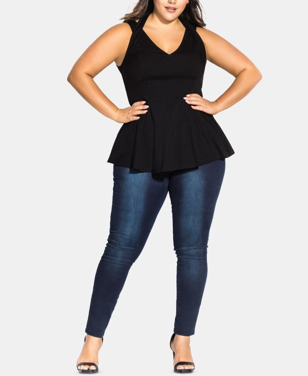 Top halter com alças plus size da City Chic feminino, preto, tamanho pequeno e pequeno