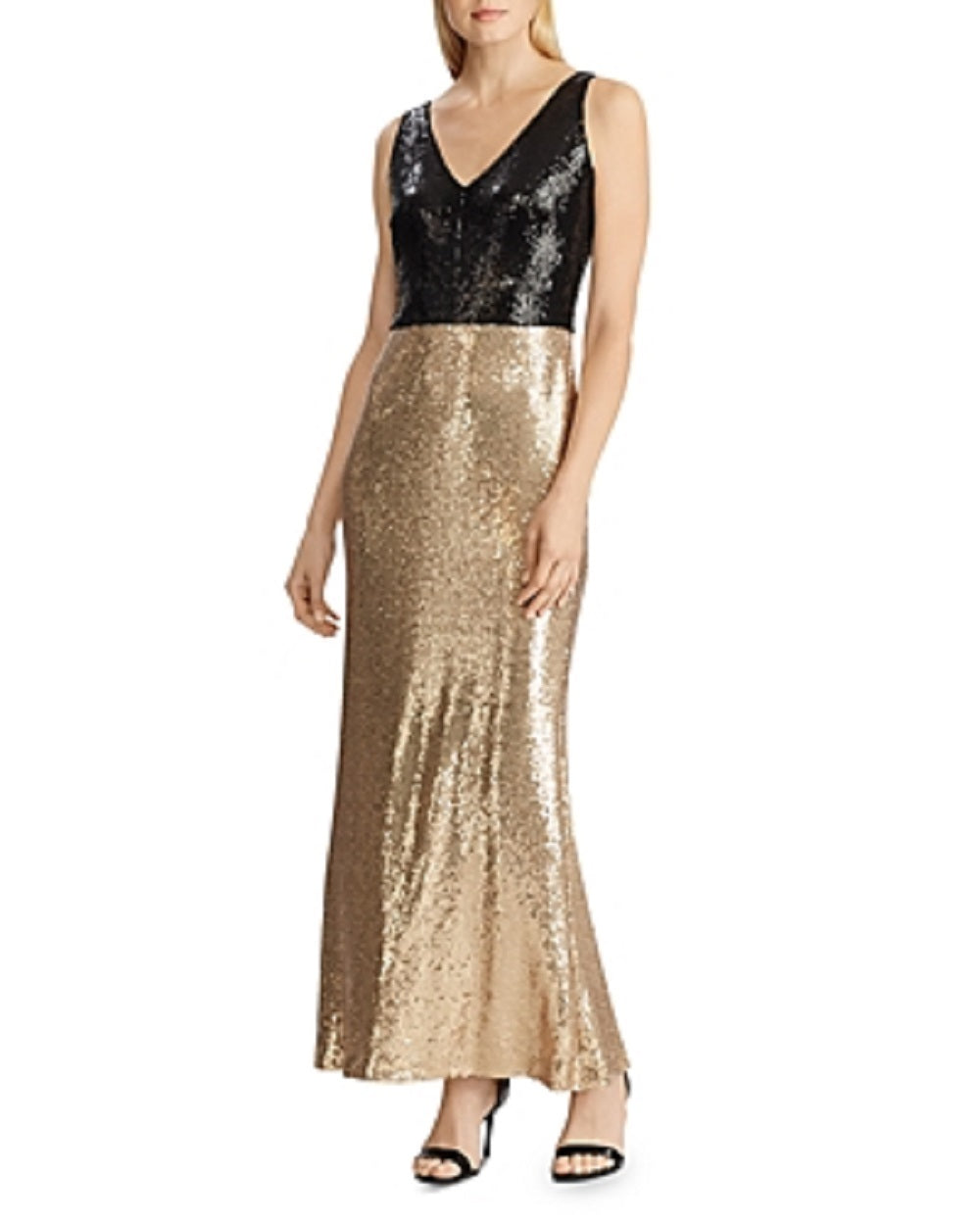 Vestido de festa longo com decote em V, sem mangas, estampado em bloco de cores e lantejoulas, tamanho 18, da Ralph Lauren