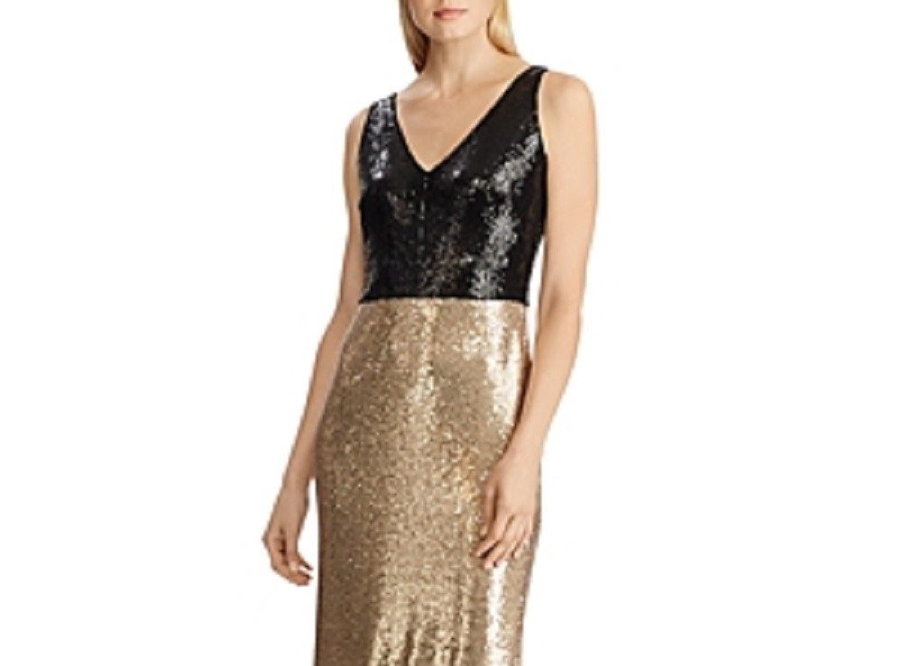 Vestido de festa longo com decote em V, sem mangas, estampado em bloco de cores e lantejoulas, tamanho 18, da Ralph Lauren
