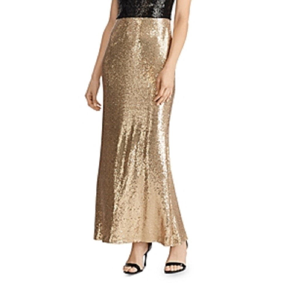 Vestido de festa longo com decote em V, sem mangas, estampado em bloco de cores e lantejoulas, tamanho 18, da Ralph Lauren