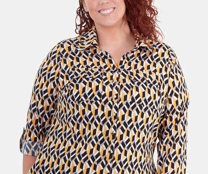 Camisa utilitária estampada plus size feminina NY Collection, amarelo escuro, tamanho 2X