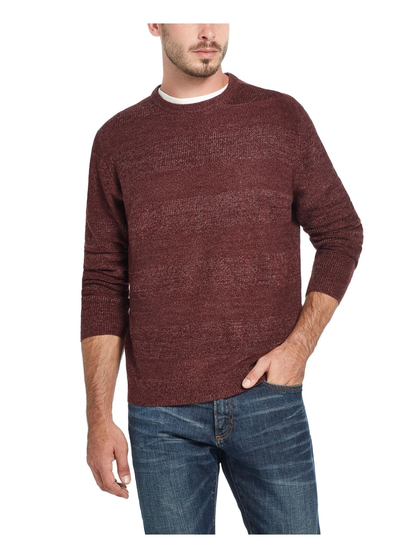 Suéter masculino vintage com listras e gola redonda, tamanho grande, vermelho, à prova de intempéries